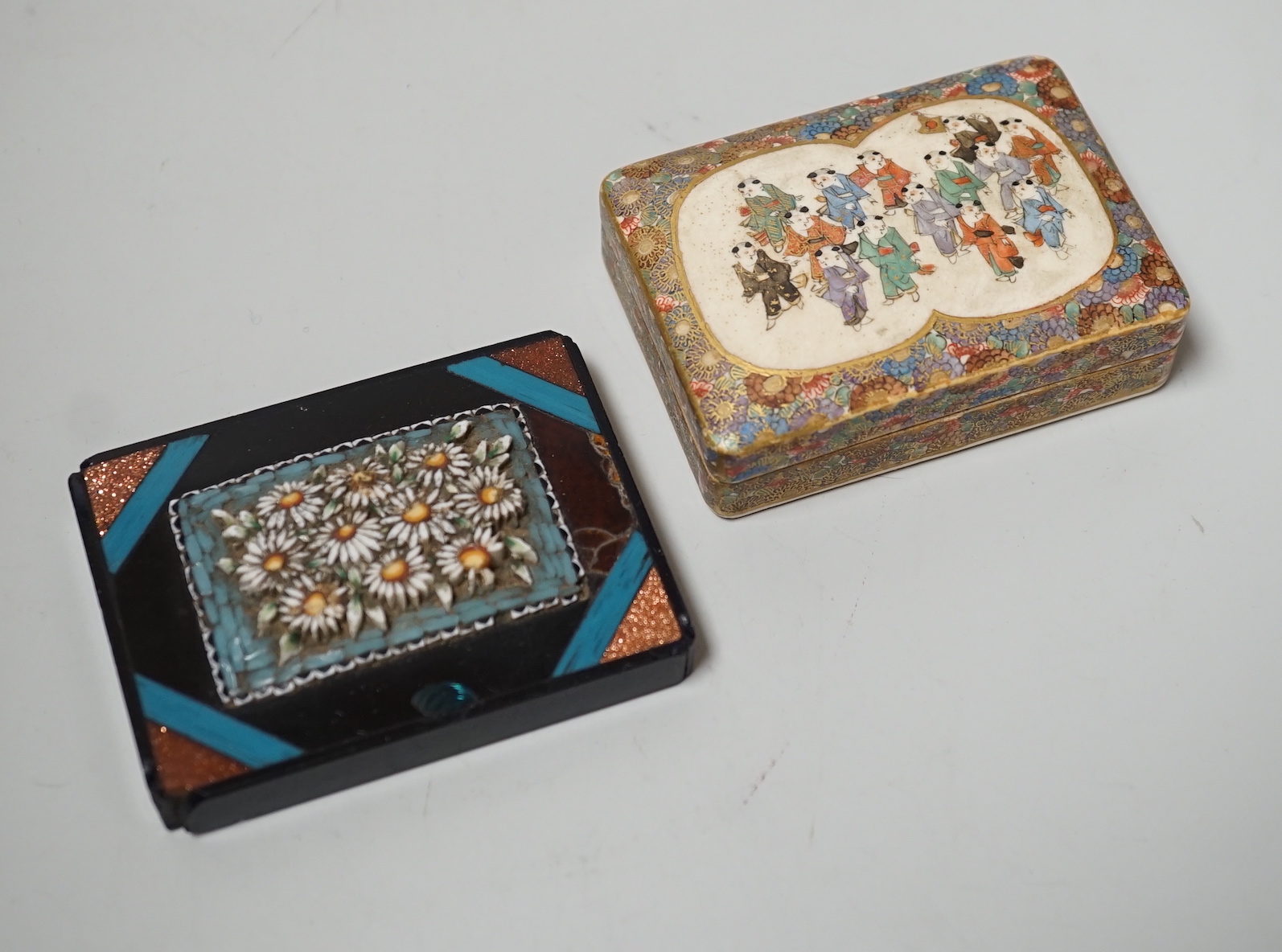 A small Japanese signed Satsuma export dish and cover, of rectangular form, together with a micro-mosaic and inlaid slate desk weight (2) 6.5 x 4.5cm